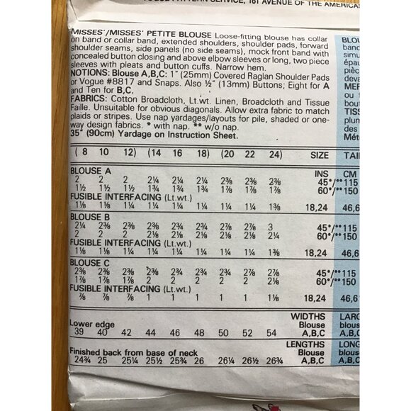 Misses or Petite 1980s Blouse Pattern Bust 36 38 40 Vogue 7281 UNCUT - Picture 3 of 6